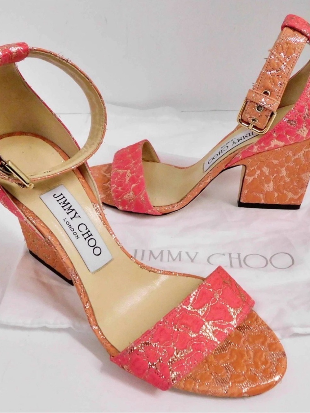 Jimmy Choo Coral Pink and Orange Metallic Lace Block Heel Sandals